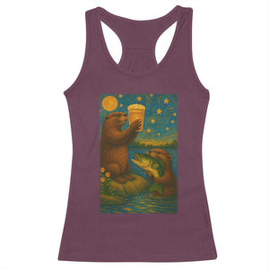 Funny Otter Drinking Beer Racerback Tank Top Van Gogh Starry Night TS14 Maroon Print Your Wear