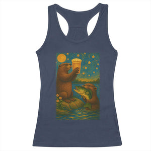 Funny Otter Drinking Beer Racerback Tank Top Van Gogh Starry Night TS14 Navy Print Your Wear