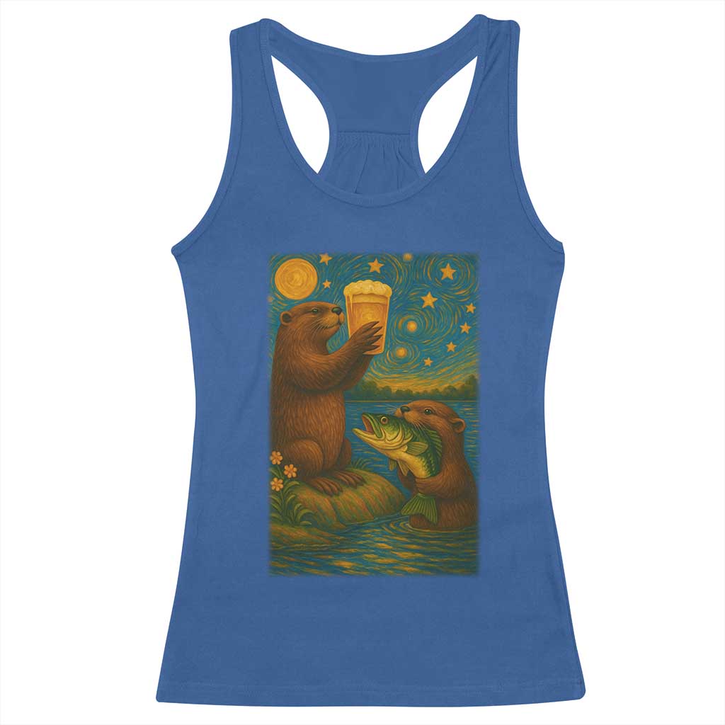 Funny Otter Drinking Beer Racerback Tank Top Van Gogh Starry Night TS14 Royal Blue Print Your Wear