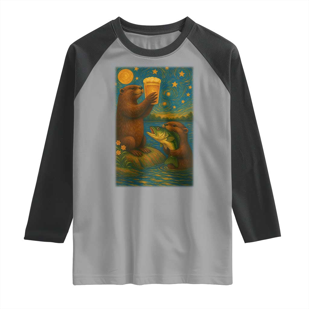 Funny Otter Drinking Beer Raglan Shirt Van Gogh Starry Night TS14 Sport Gray Black Print Your Wear