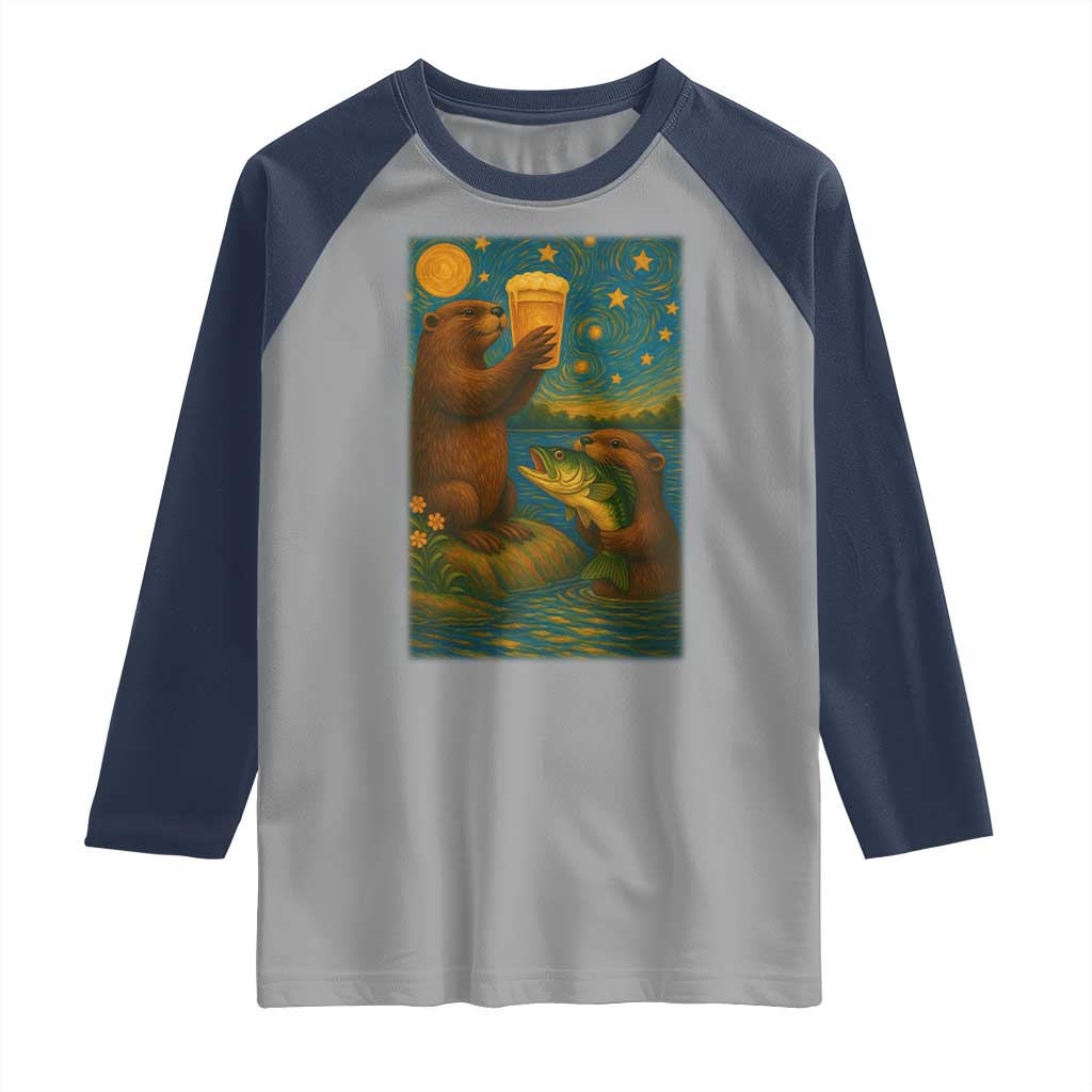 Funny Otter Drinking Beer Raglan Shirt Van Gogh Starry Night TS14 Sport Gray Navy Print Your Wear