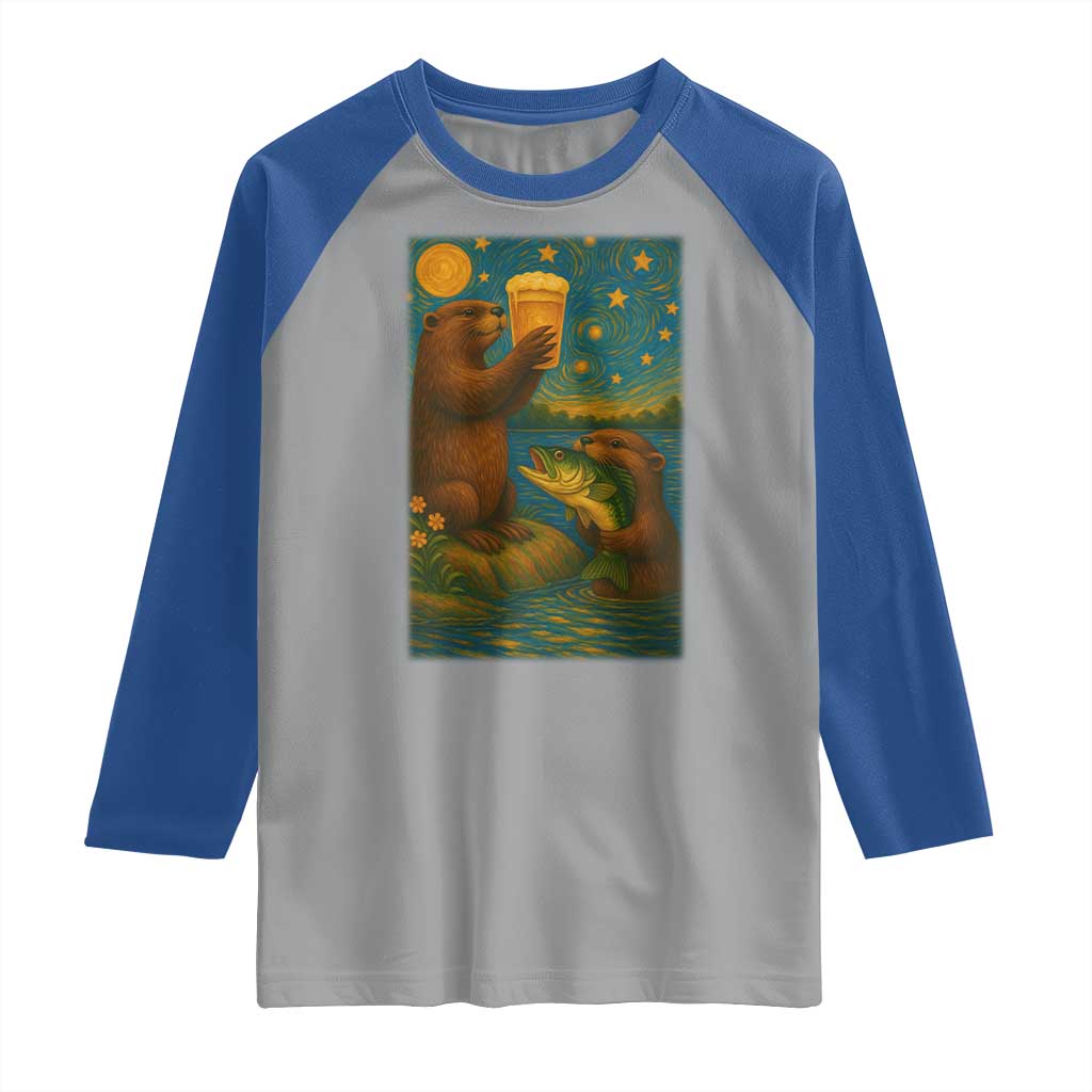 Funny Otter Drinking Beer Raglan Shirt Van Gogh Starry Night TS14 Sport Gray Royal Print Your Wear