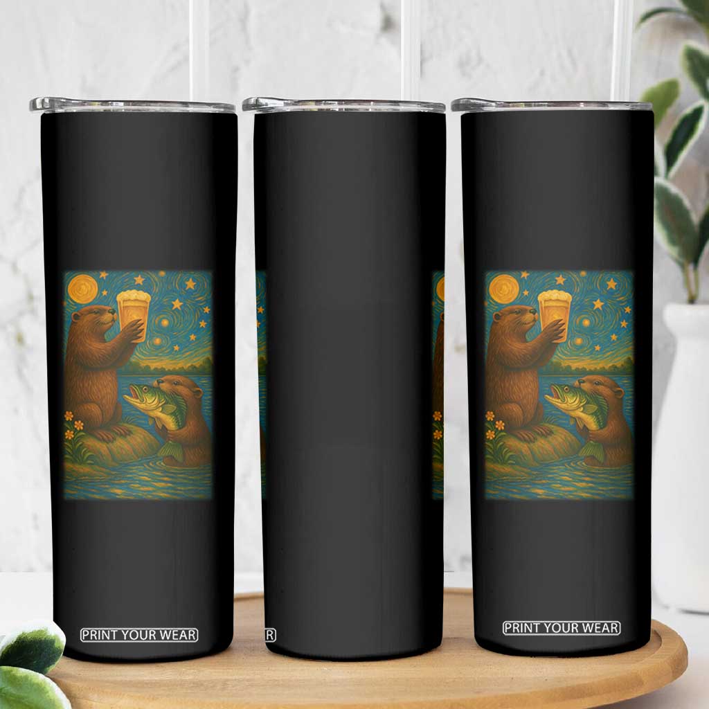 Funny Otter Drinking Beer Skinny Tumbler Van Gogh Starry Night TS14 Print Your Wear
