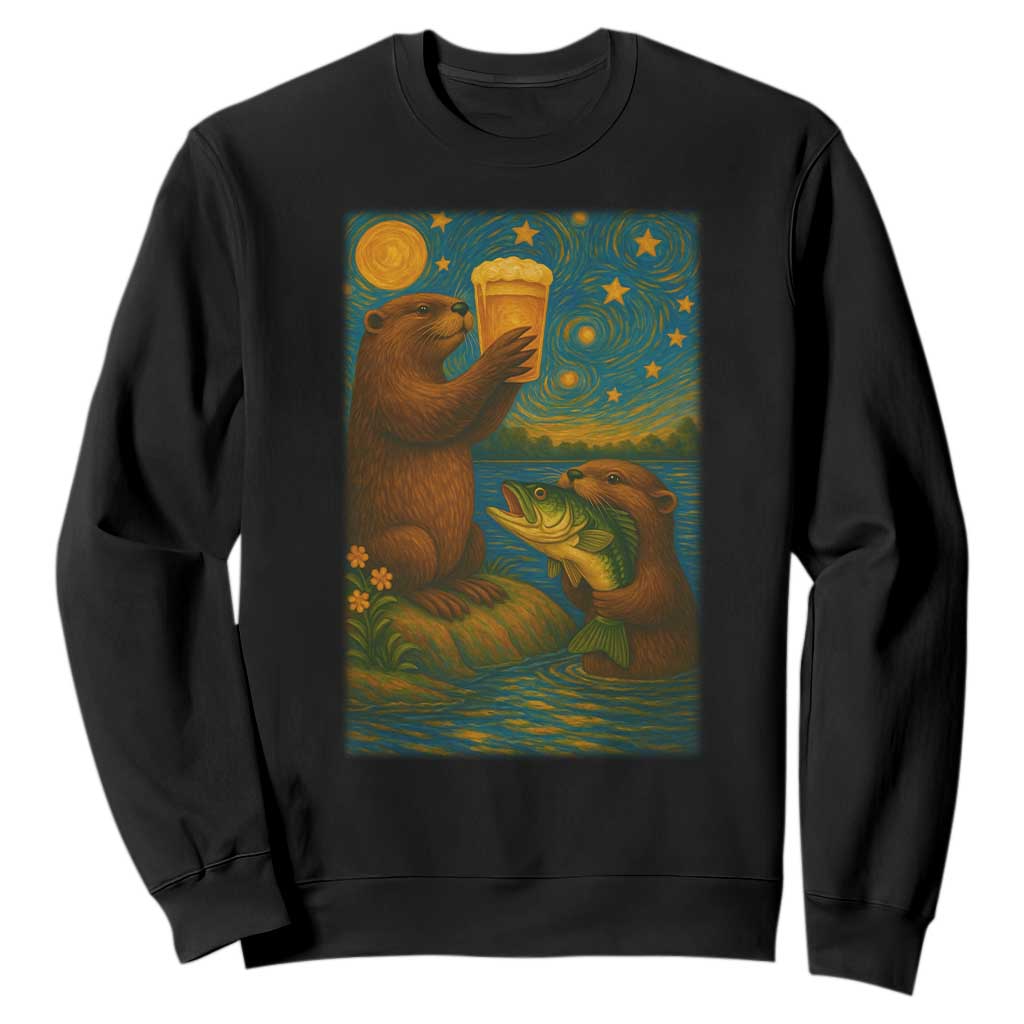Funny Otter Drinking Beer Sweatshirt Van Gogh Starry Night TS14 Black Print Your Wear