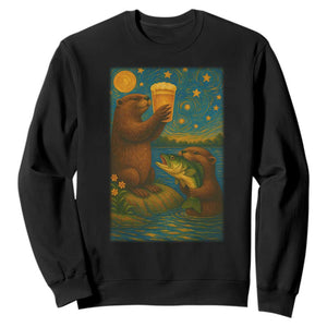 Funny Otter Drinking Beer Sweatshirt Van Gogh Starry Night TS14 Black Print Your Wear