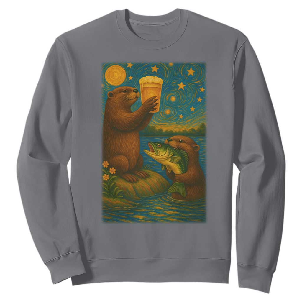 Funny Otter Drinking Beer Sweatshirt Van Gogh Starry Night TS14 Charcoal Print Your Wear