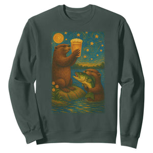 Funny Otter Drinking Beer Sweatshirt Van Gogh Starry Night TS14 Dark Forest Green Print Your Wear