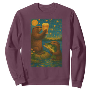 Funny Otter Drinking Beer Sweatshirt Van Gogh Starry Night TS14 Maroon Print Your Wear