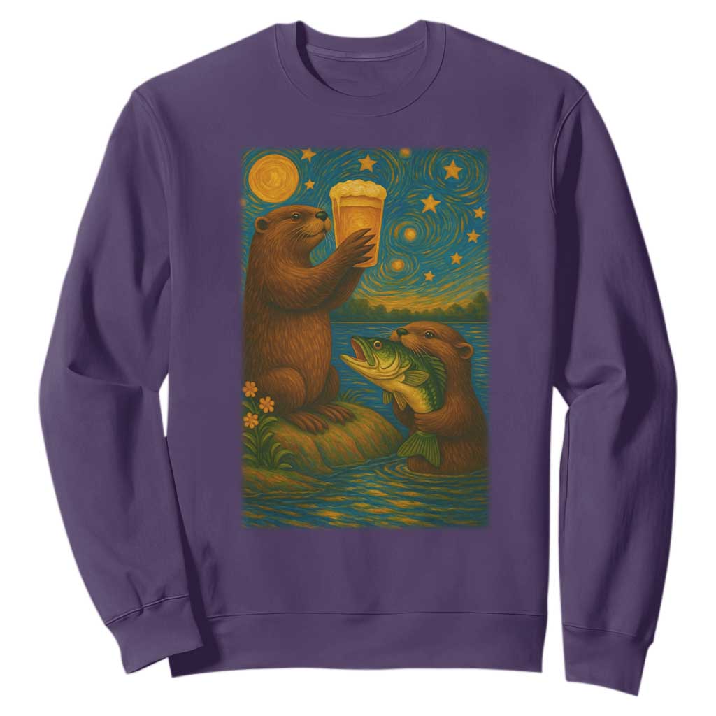 Funny Otter Drinking Beer Sweatshirt Van Gogh Starry Night TS14 Purple Print Your Wear