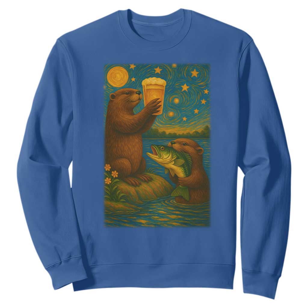 Funny Otter Drinking Beer Sweatshirt Van Gogh Starry Night TS14 Royal Blue Print Your Wear