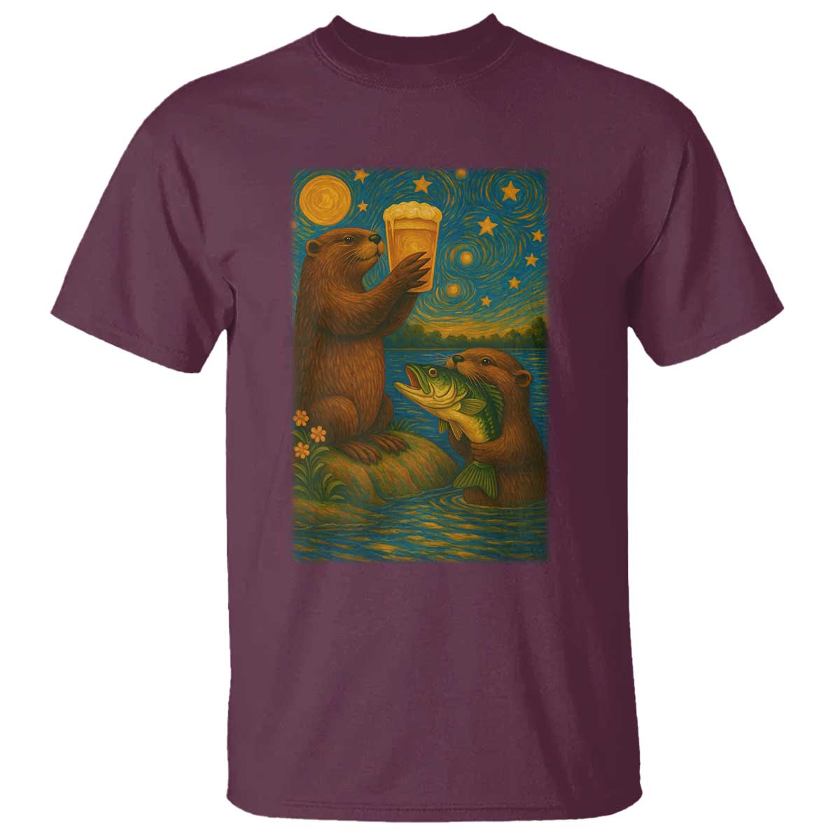 Funny Otter Drinking Beer T Shirt Van Gogh Starry Night TS14 Maroon Print Your Wear