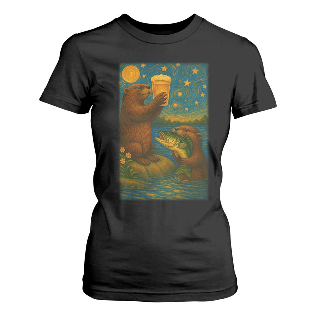 Funny Otter Drinking Beer T Shirt For Women Van Gogh Starry Night TS14 Black Print Your Wear