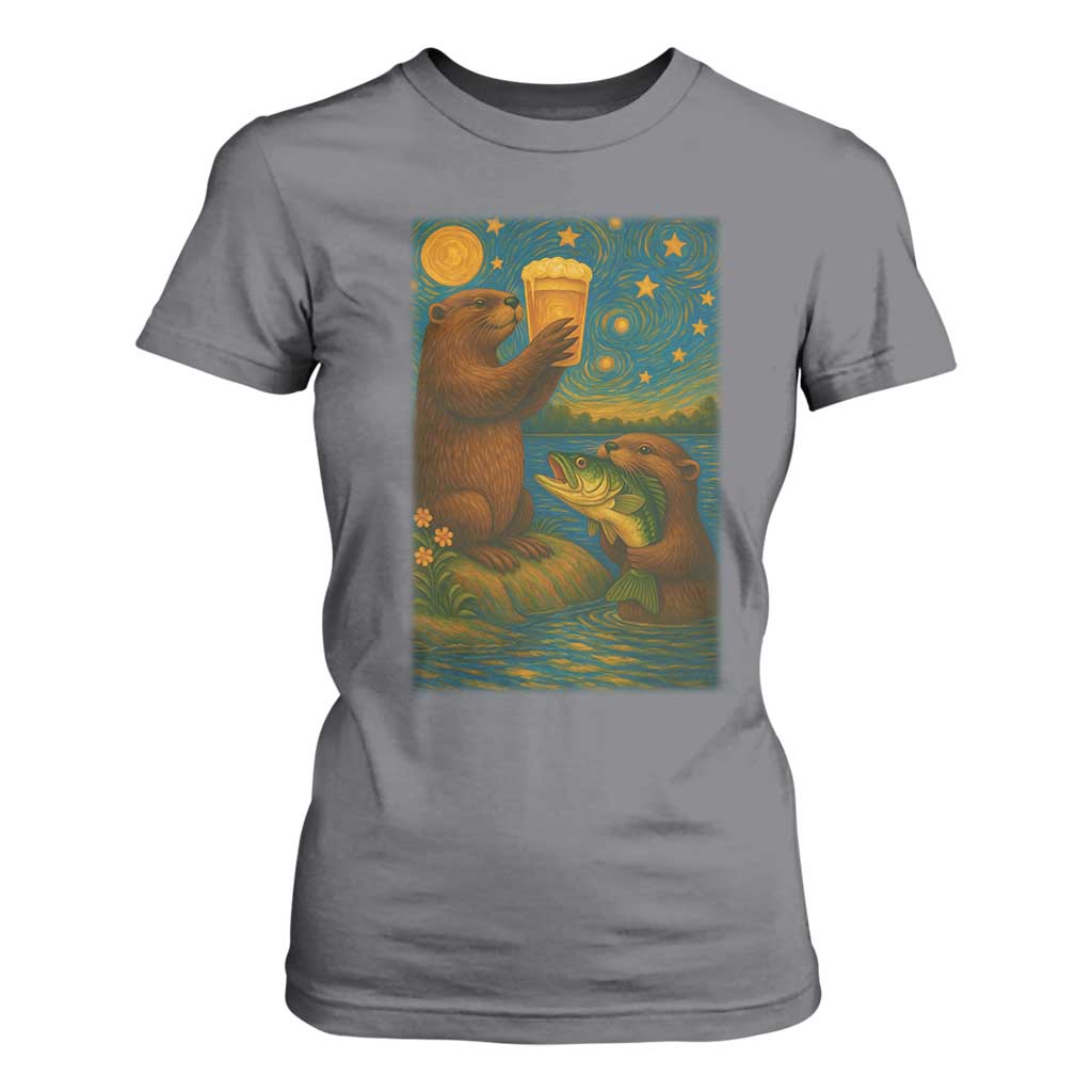 Funny Otter Drinking Beer T Shirt For Women Van Gogh Starry Night TS14 Charcoal Print Your Wear