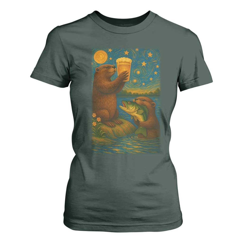 Funny Otter Drinking Beer T Shirt For Women Van Gogh Starry Night TS14 Dark Forest Green Print Your Wear
