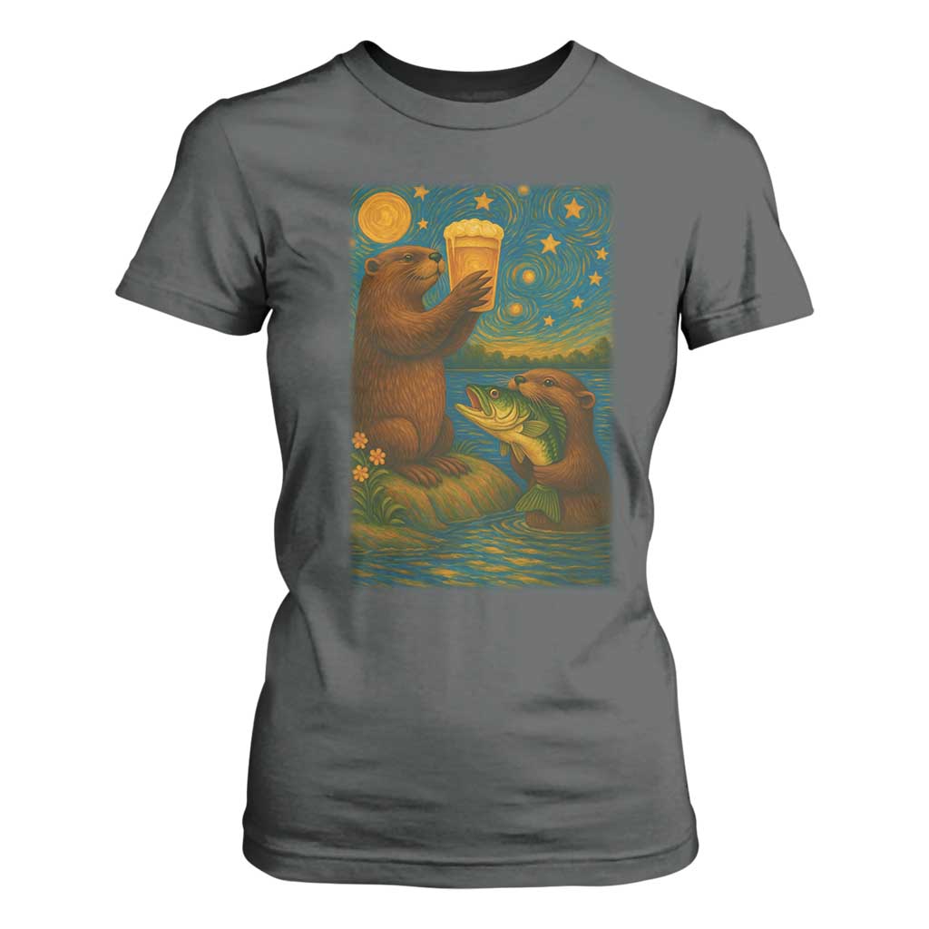 Funny Otter Drinking Beer T Shirt For Women Van Gogh Starry Night TS14 Dark Heather Print Your Wear