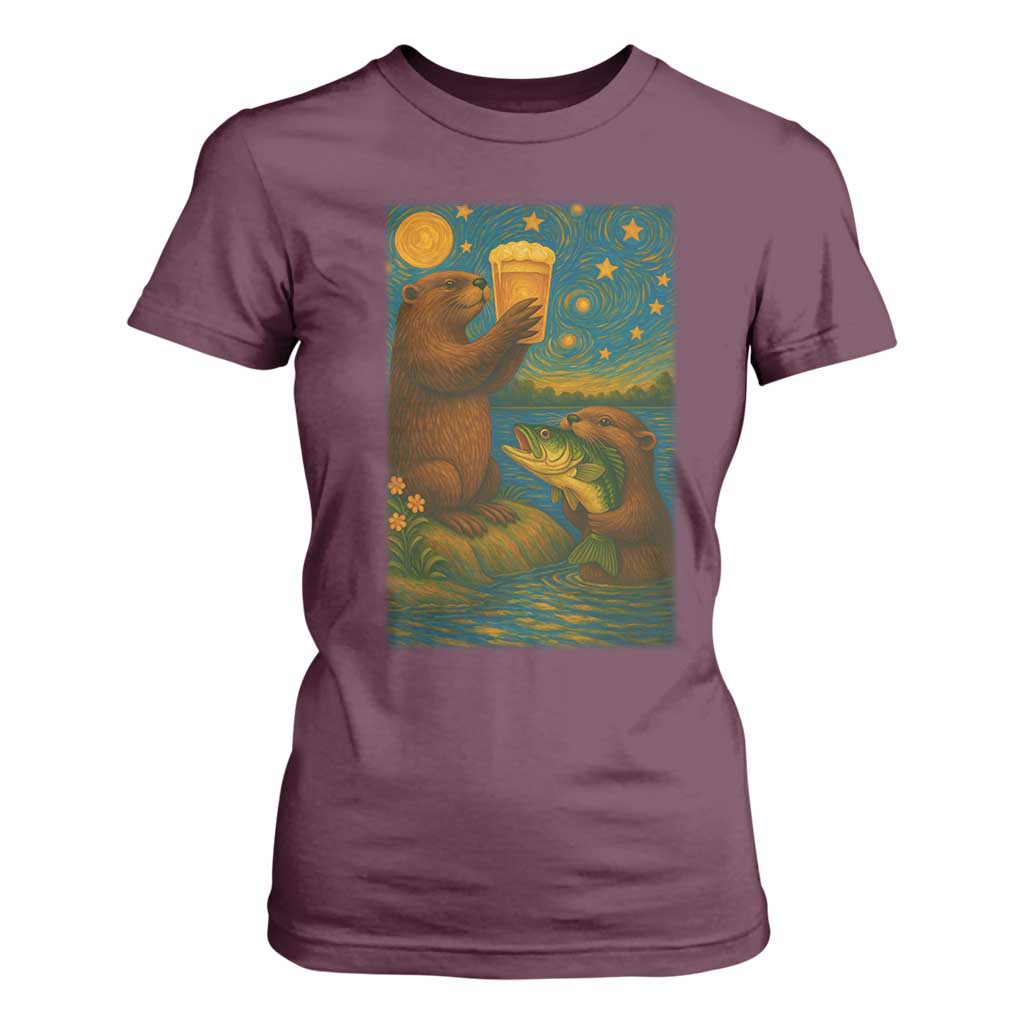 Funny Otter Drinking Beer T Shirt For Women Van Gogh Starry Night TS14 Maroon Print Your Wear