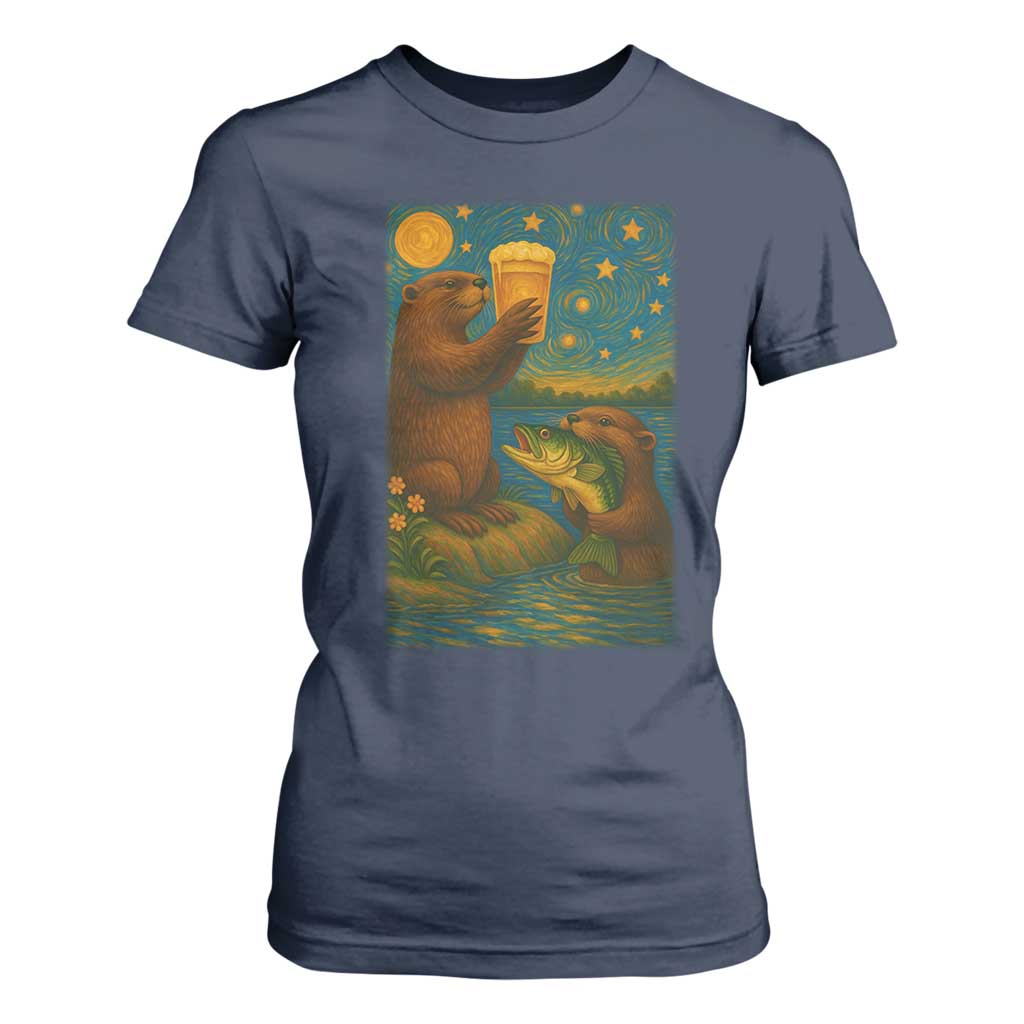 Funny Otter Drinking Beer T Shirt For Women Van Gogh Starry Night TS14 Navy Print Your Wear