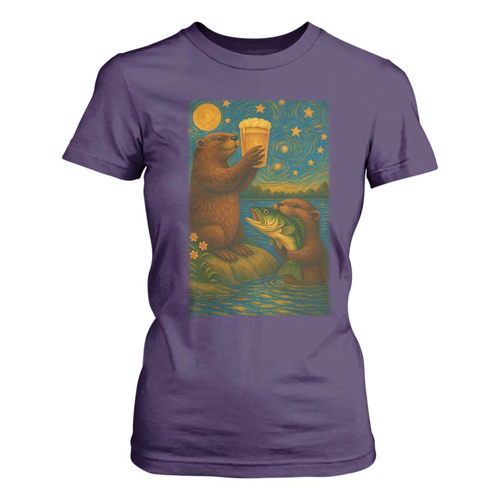 Funny Otter Drinking Beer T Shirt For Women Van Gogh Starry Night TS14 Purple Print Your Wear