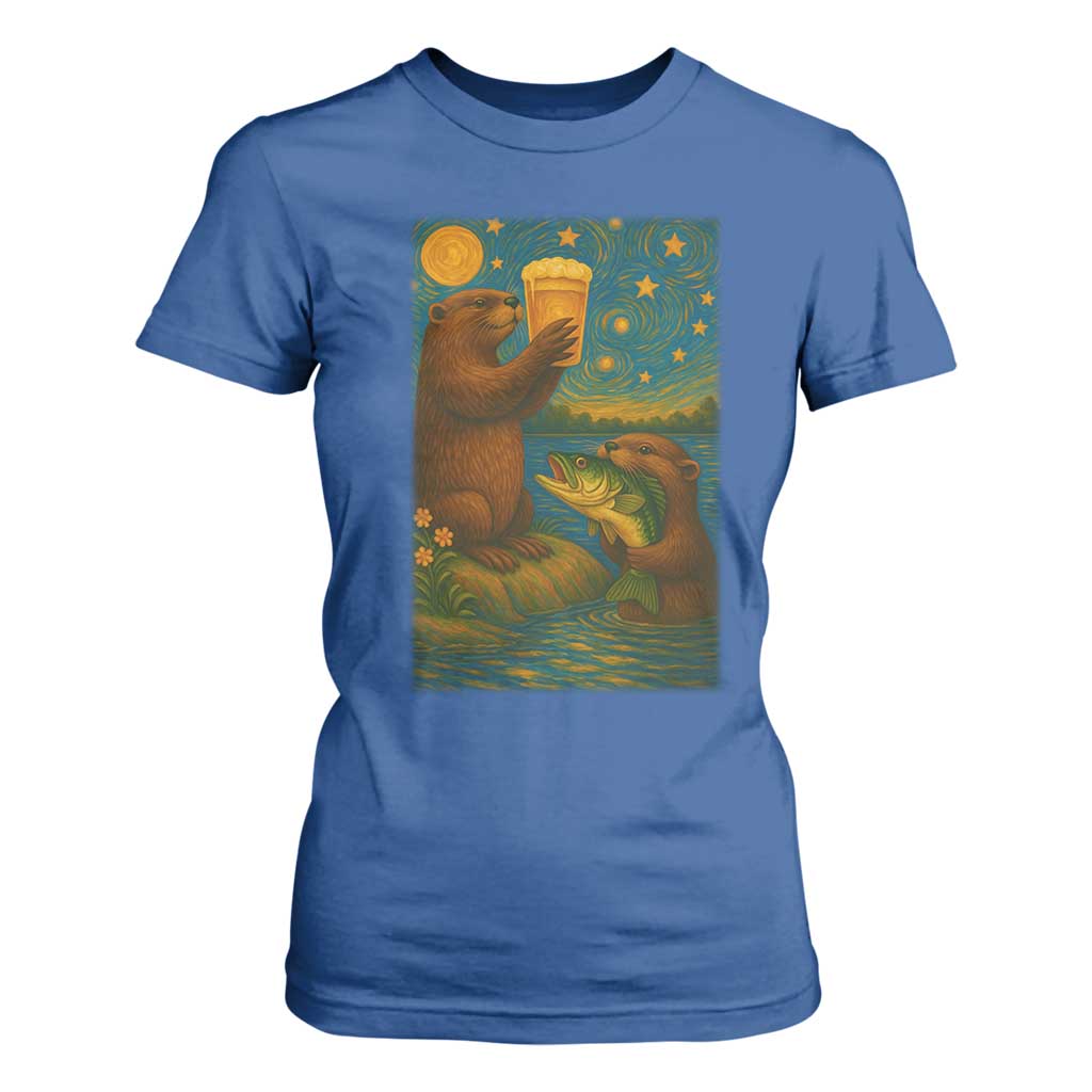 Funny Otter Drinking Beer T Shirt For Women Van Gogh Starry Night TS14 Royal Blue Print Your Wear