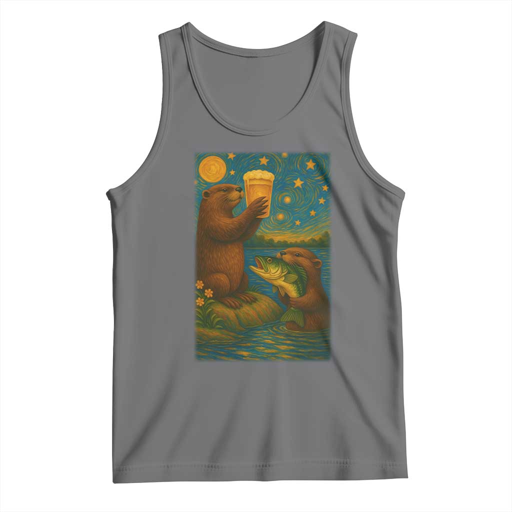 Funny Otter Drinking Beer Tank Top Van Gogh Starry Night TS14 Black Heather Print Your Wear