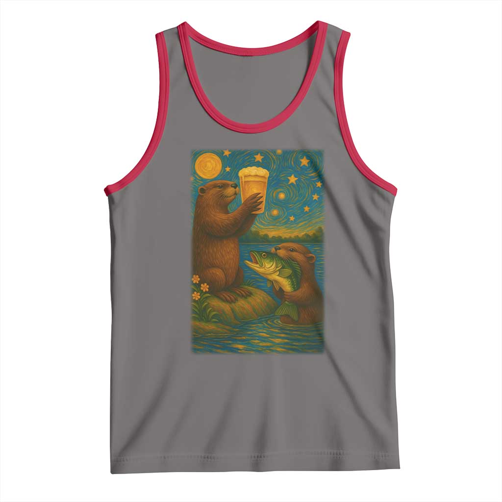 Funny Otter Drinking Beer Tank Top Van Gogh Starry Night TS14 Deep Heather Red Print Your Wear