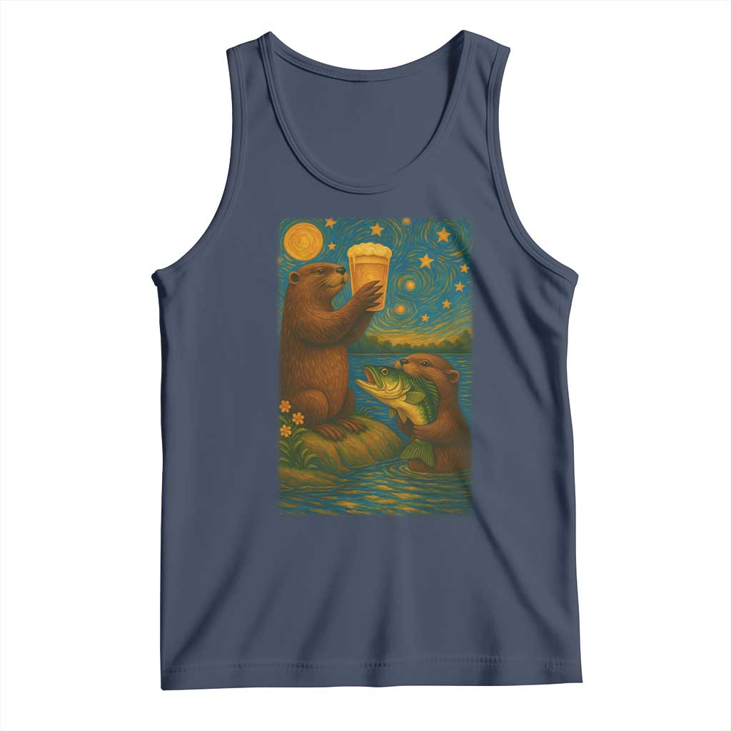 Funny Otter Drinking Beer Tank Top Van Gogh Starry Night TS14 Navy Print Your Wear