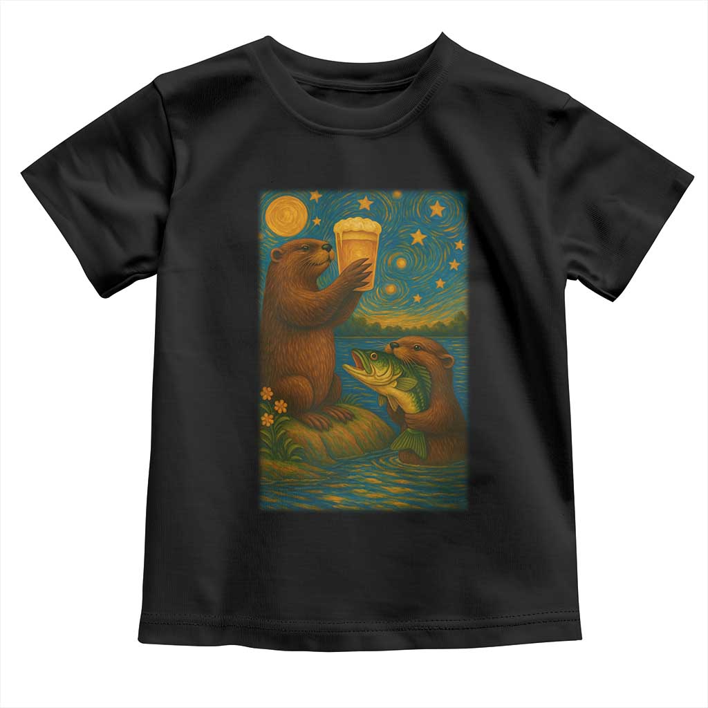 Funny Otter Drinking Beer Toddler T Shirt Van Gogh Starry Night TS14 Black Print Your Wear