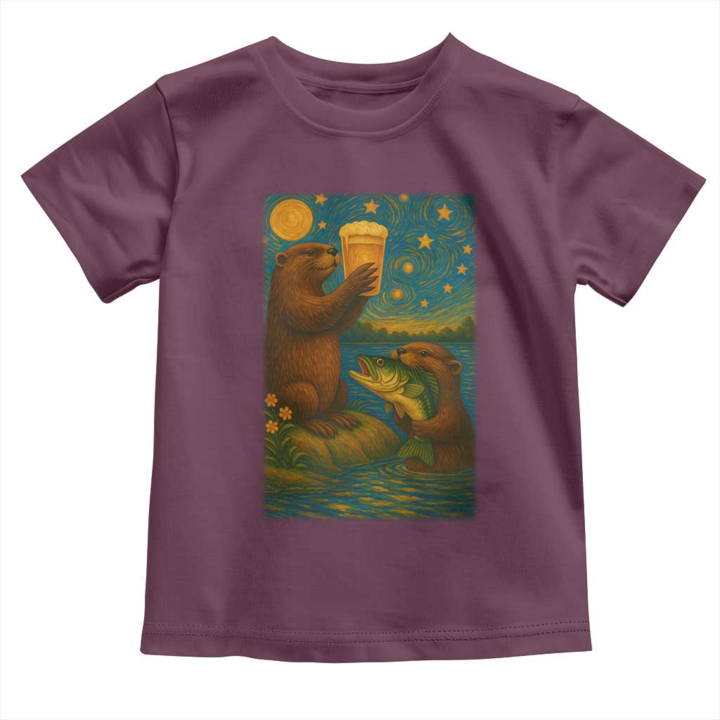 Funny Otter Drinking Beer Toddler T Shirt Van Gogh Starry Night TS14 Maroon Print Your Wear