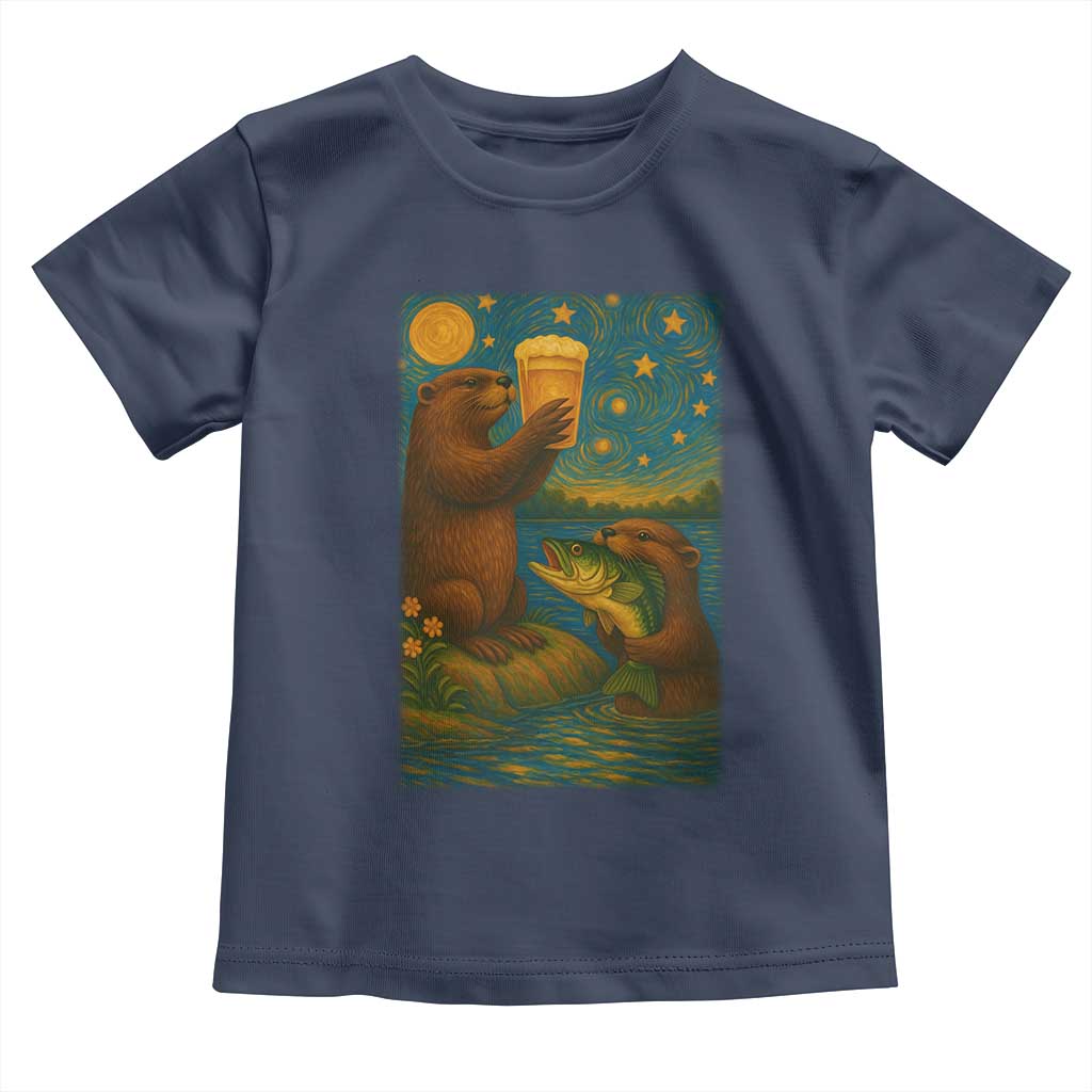 Funny Otter Drinking Beer Toddler T Shirt Van Gogh Starry Night TS14 Navy Print Your Wear