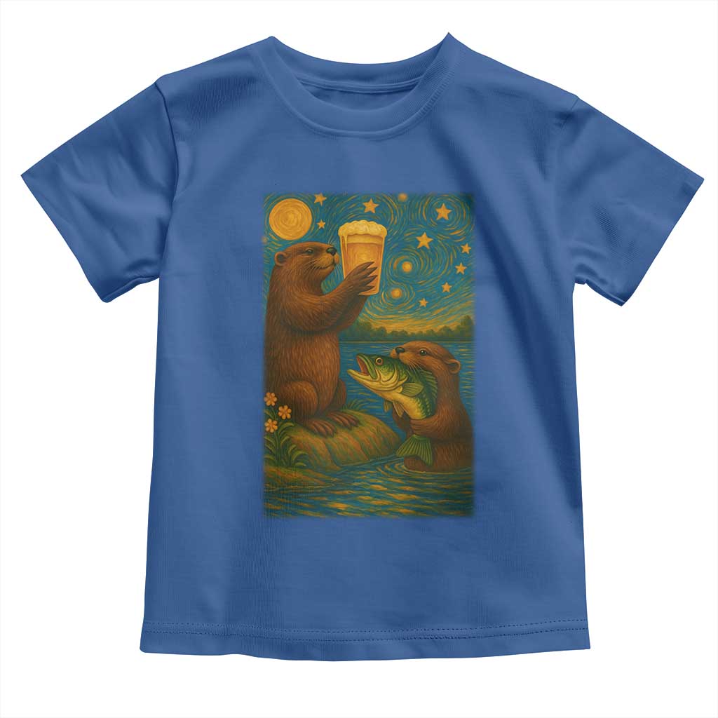 Funny Otter Drinking Beer Toddler T Shirt Van Gogh Starry Night TS14 Royal Blue Print Your Wear