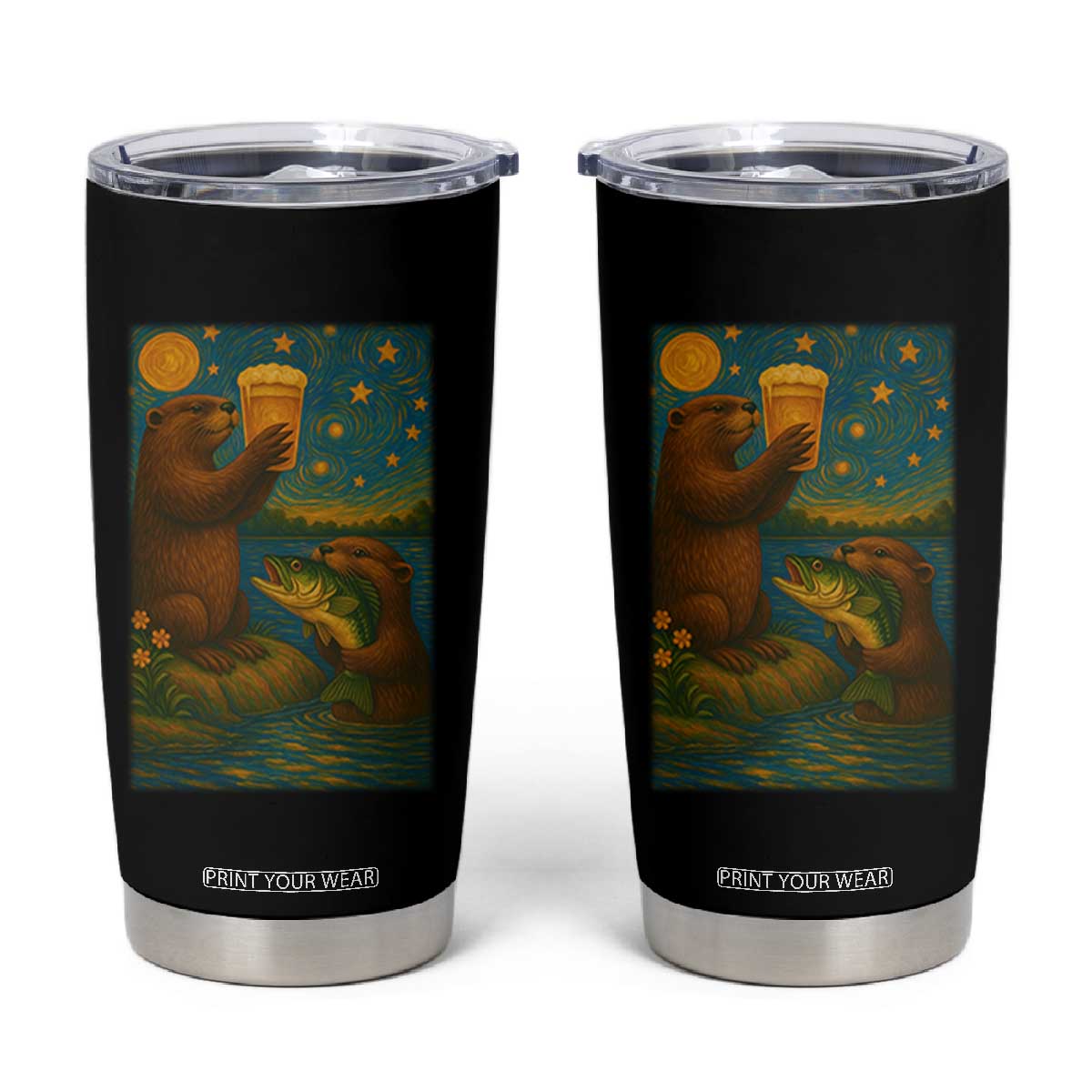 Funny Otter Drinking Beer Tumbler Cup Van Gogh Starry Night TS14 Black Print Your Wear