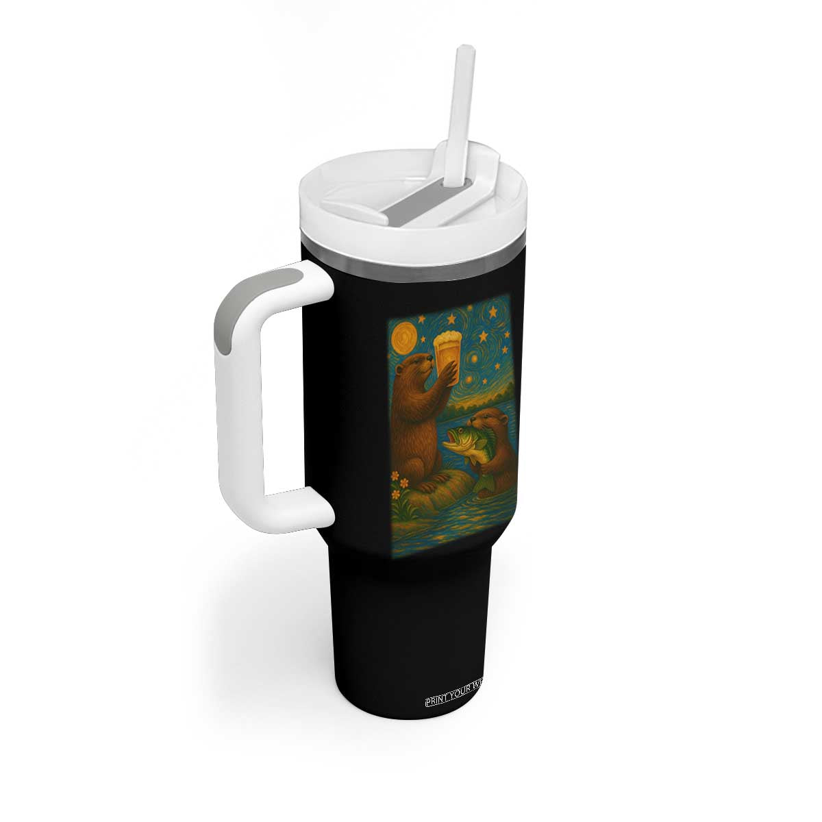Funny Otter Drinking Beer Tumbler With Handle Van Gogh Starry Night TS14 Print Your Wear