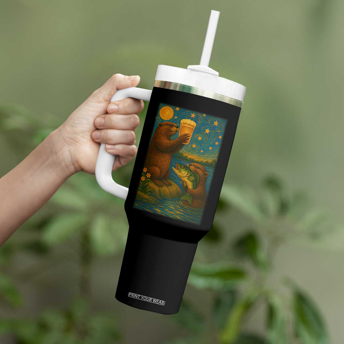 Funny Otter Drinking Beer Tumbler With Handle Van Gogh Starry Night TS14 Print Your Wear