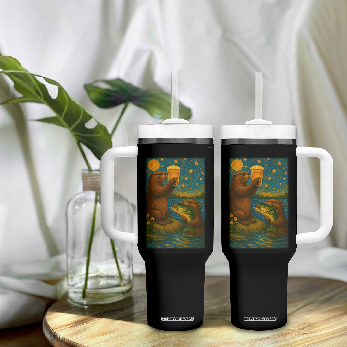Funny Otter Drinking Beer Tumbler With Handle Van Gogh Starry Night TS14 Print Your Wear