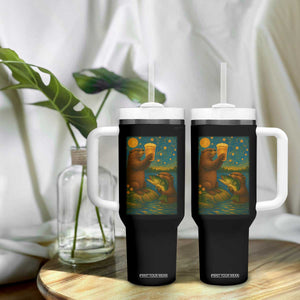 Funny Otter Drinking Beer Tumbler With Handle Van Gogh Starry Night TS14 Print Your Wear