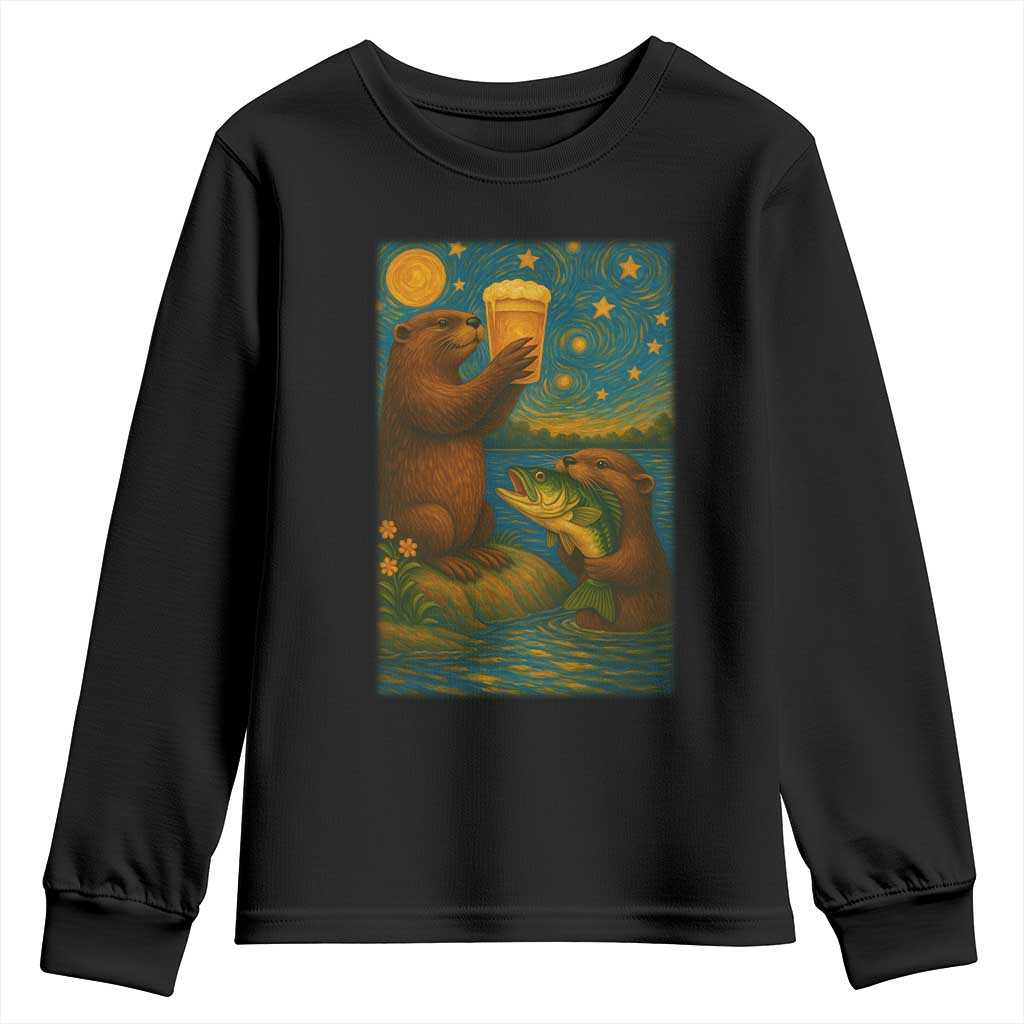 Funny Otter Drinking Beer Youth Sweatshirt Van Gogh Starry Night TS14 Black Print Your Wear