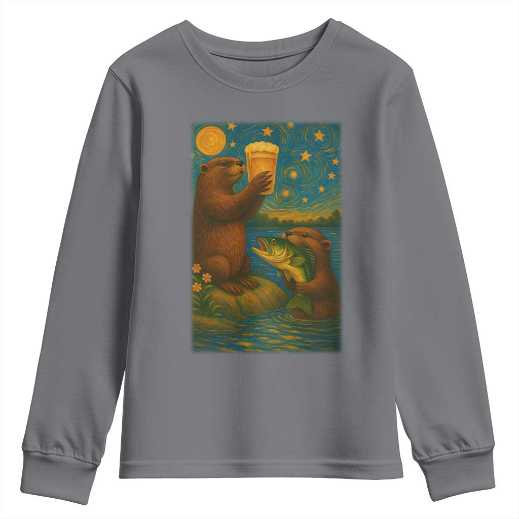 Funny Otter Drinking Beer Youth Sweatshirt Van Gogh Starry Night TS14 Charcoal Print Your Wear