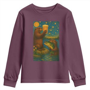 Funny Otter Drinking Beer Youth Sweatshirt Van Gogh Starry Night TS14 Maroon Print Your Wear