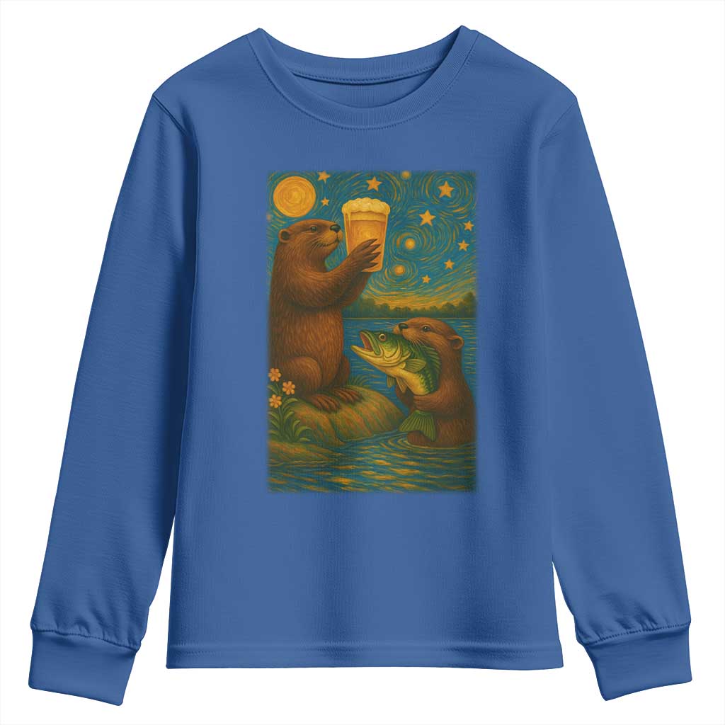 Funny Otter Drinking Beer Youth Sweatshirt Van Gogh Starry Night TS14 Royal Blue Print Your Wear