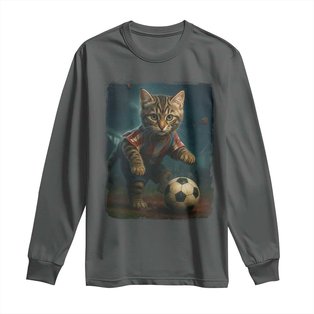 Funny Cat Soccer Ball Long Sleeve Shirt Cute Kitty Football Player Lover TS14 Dark Heather Print Your Wear