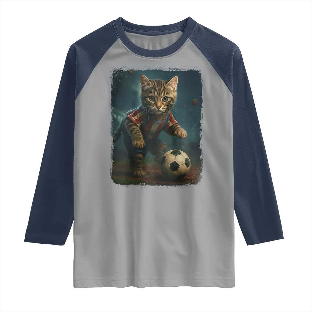 Funny Cat Soccer Ball Raglan Shirt Cute Kitty Football Player Lover TS14 Sport Gray Navy Print Your Wear