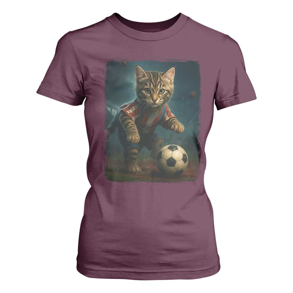 Funny Cat Soccer Ball T Shirt For Women Cute Kitty Football Player Lover TS14 Maroon Print Your Wear