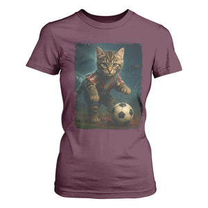 Funny Cat Soccer Ball T Shirt For Women Cute Kitty Football Player Lover TS14 Maroon Print Your Wear