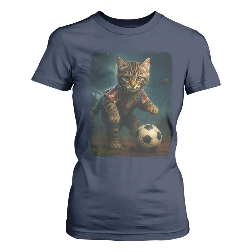 Funny Cat Soccer Ball T Shirt For Women Cute Kitty Football Player Lover TS14 Navy Print Your Wear