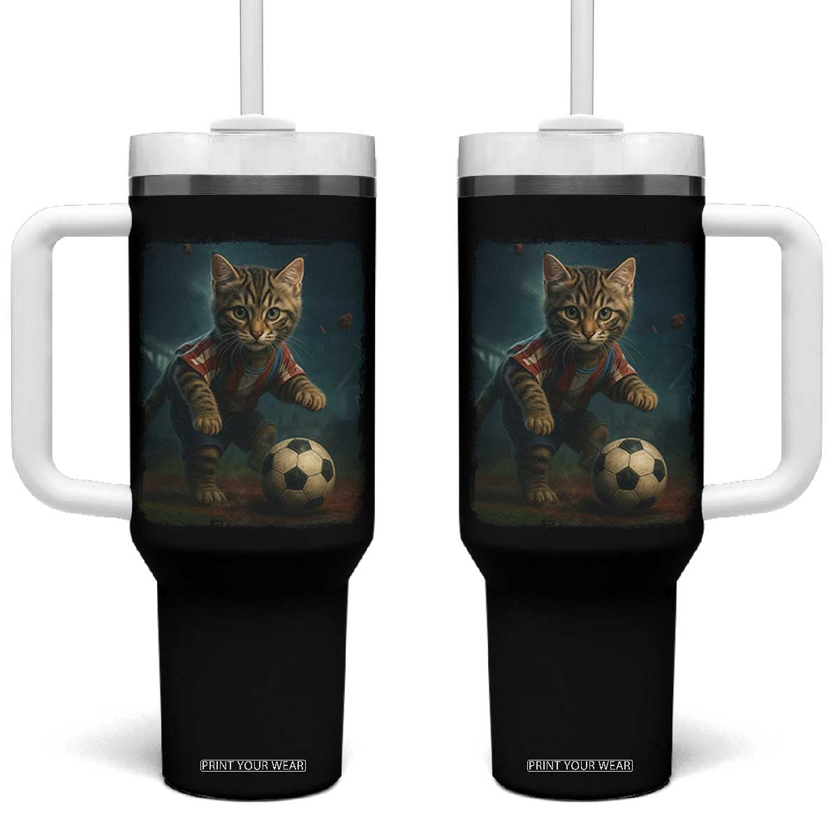 Funny Cat Soccer Ball Tumbler With Handle Cute Kitty Football Player Lover TS14 One Size: 40 oz Black Print Your Wear