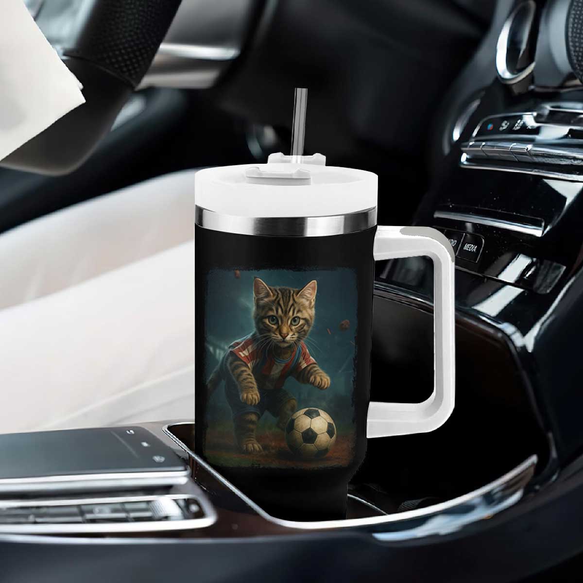 Funny Cat Soccer Ball Tumbler With Handle Cute Kitty Football Player Lover TS14 Print Your Wear