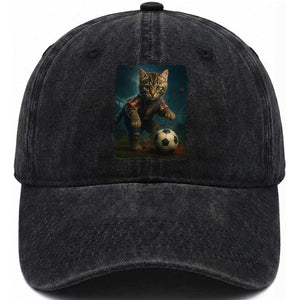 Funny Cat Soccer Ball Washed Cotton Baseball Cap Cute Kitty Football Player Lover TS14 Washed Cap Universal Fit Black Print Your Wear
