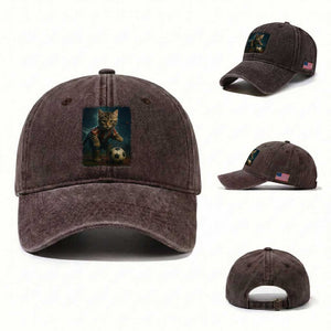 Funny Cat Soccer Ball Washed Cotton Baseball Cap Cute Kitty Football Player Lover TS14 Washed Cap Universal Fit Dark Brown Print Your Wear