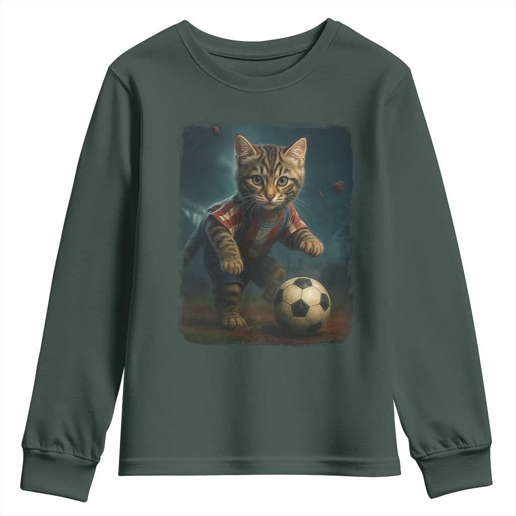 Funny Cat Soccer Ball Youth Sweatshirt Cute Kitty Football Player Lover TS14 Dark Forest Green Print Your Wear