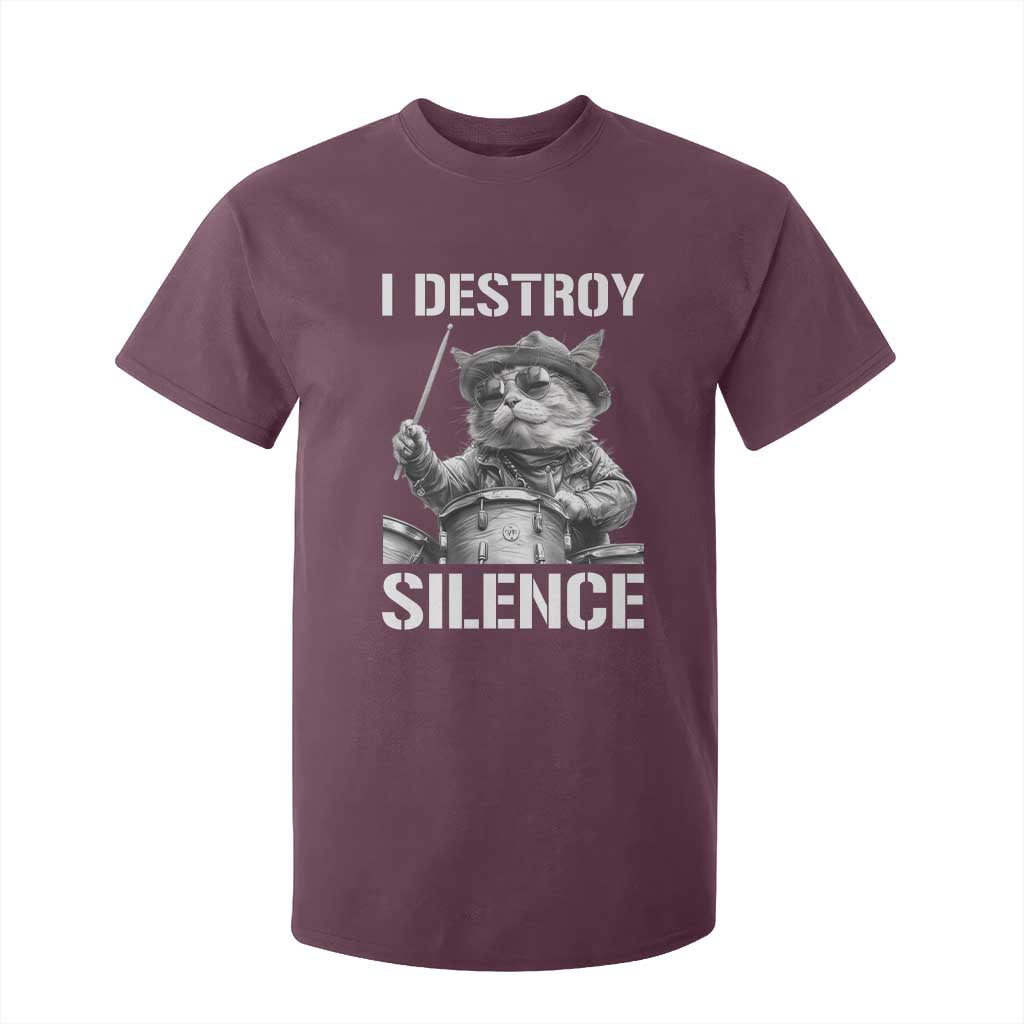 Funny Cat Rock Band Drummer T Shirt For Kid I Destroy Silence TS14 Maroon Print Your Wear